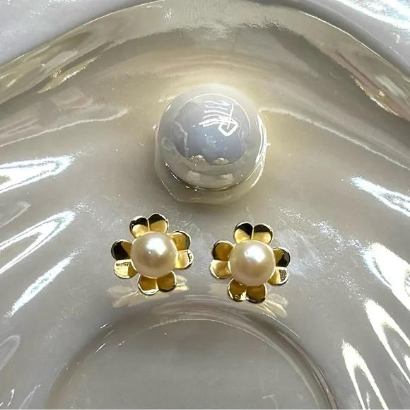 EPA43 Japanese 6-7mm CHAMPAGNE AkoyaPearl CLOVER Earrings 18K YELLOW GOLD S925